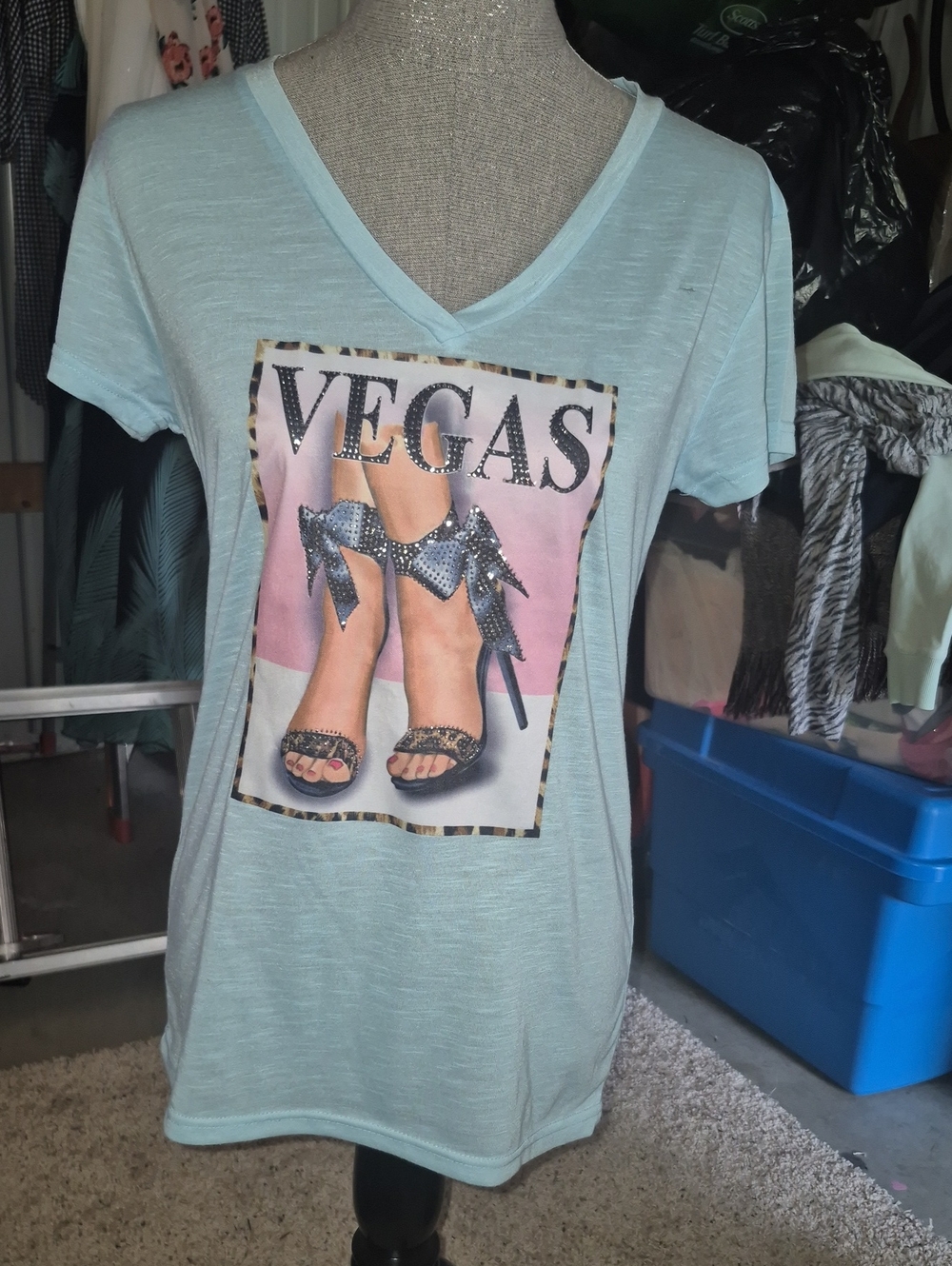 Light Blue VEGAS Graphic V-Neck Short Sleeve Tee